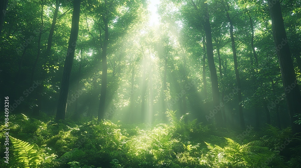 Obraz premium Serene Forest with Sunlight Through Lush Green Trees