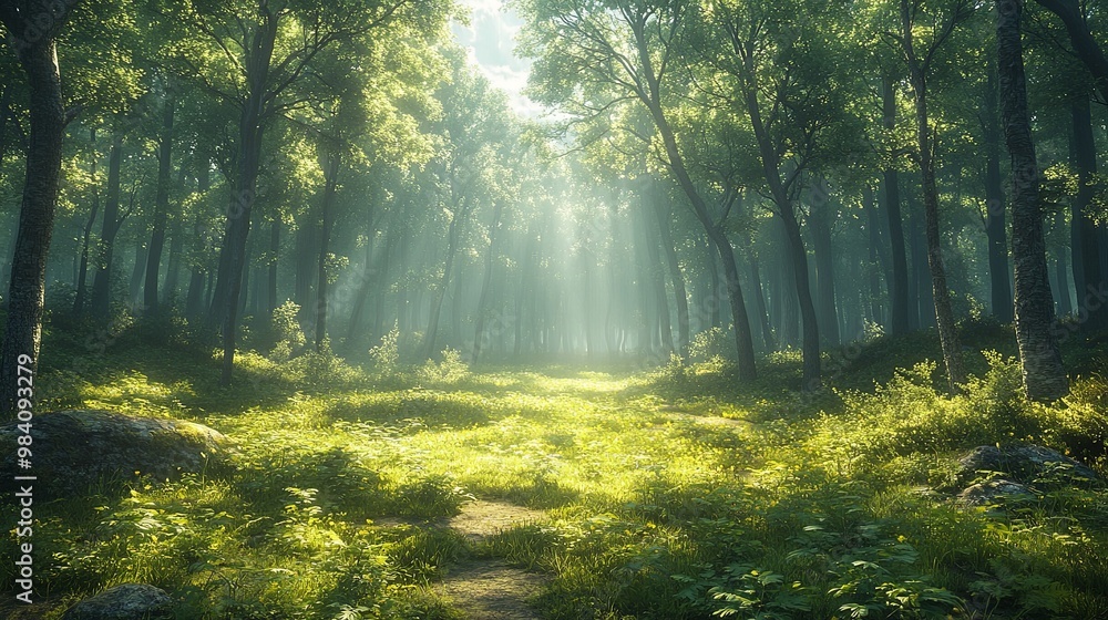 Fototapeta premium Tranquil Forest with Sunlight and Lush Greenery