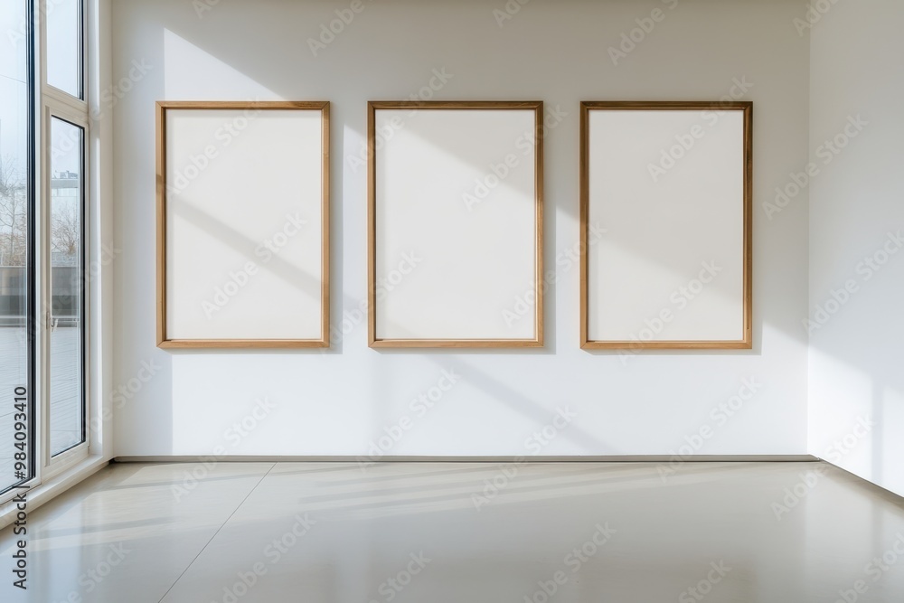 A minimalist gallery wall featuring three large, blank wooden-framed canvases arranged A minimalist gallery wall featuring three large, blank wooden-framed canvases arranged