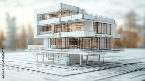 A realistic photo of a CAD drawing focusing on the structural details of a residential building. The intricate lines and measurements are highlighted in sharp clarity, leaving room for text on the photo