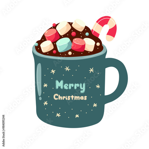 Mug of hot chocolate in the shape of a cat with marshmallows and gingerbread. vector illustration, cartoon. New Year. Flat vector illustration
