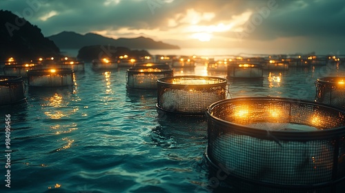 Tranquil Seafood Farm at Dawn with Floating Lanterns