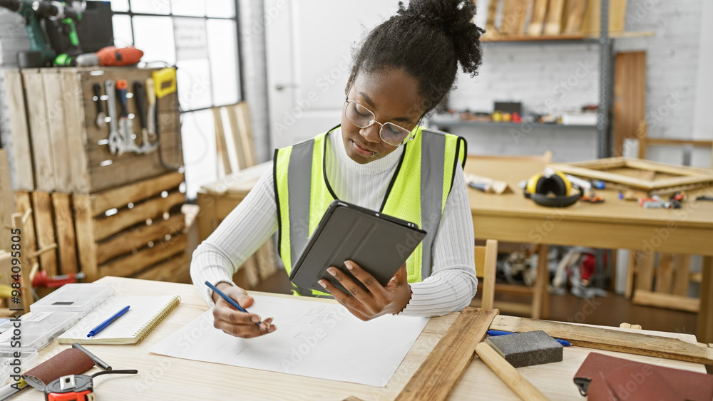 African american woman carpenter using tablet while drafting plans in a woodwork studio. African american woman carpenter using tablet while drafting plans in a woodwork studio.
