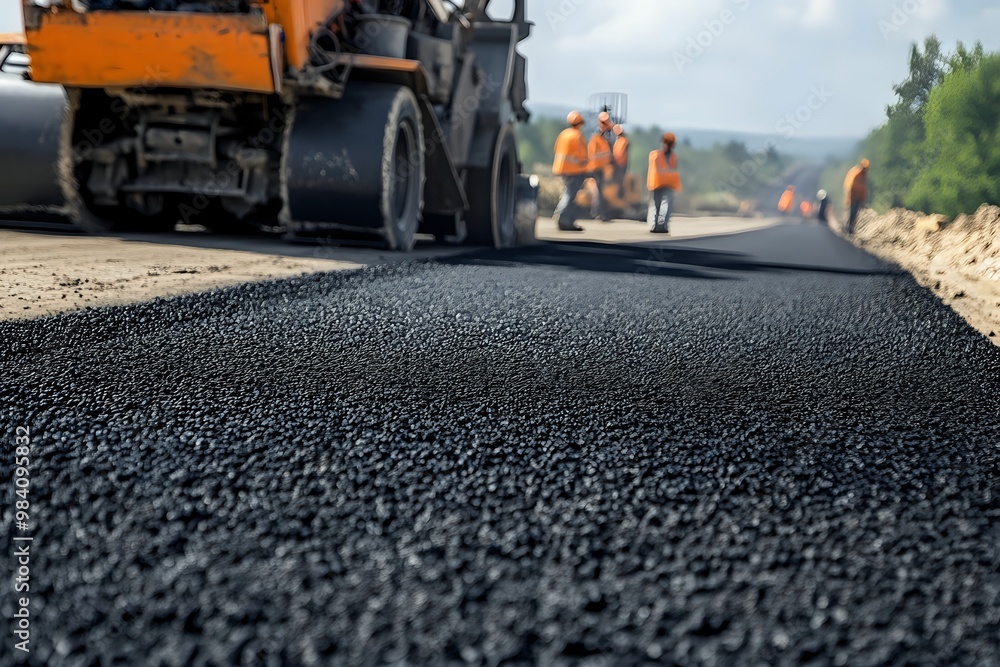 Closeup view of freshly laid asphalt on a road construction site. Closeup view of freshly laid asphalt on a road construction site.