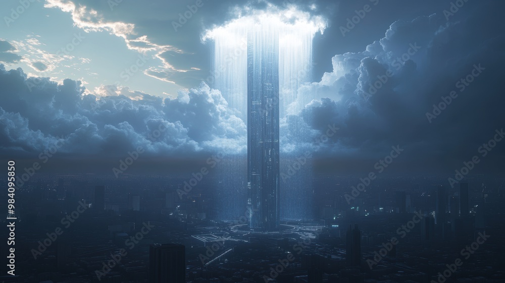 Fototapeta premium A futuristic tower emerges from the clouds, illuminated by a bright light, showcasing a blend of nature and advanced technology.