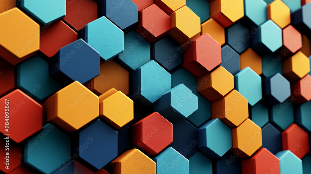 A visual of a modern hexagonal tessellation pattern with bold colors and sharp angles. A visual of a modern hexagonal tessellation pattern with bold colors and sharp angles.