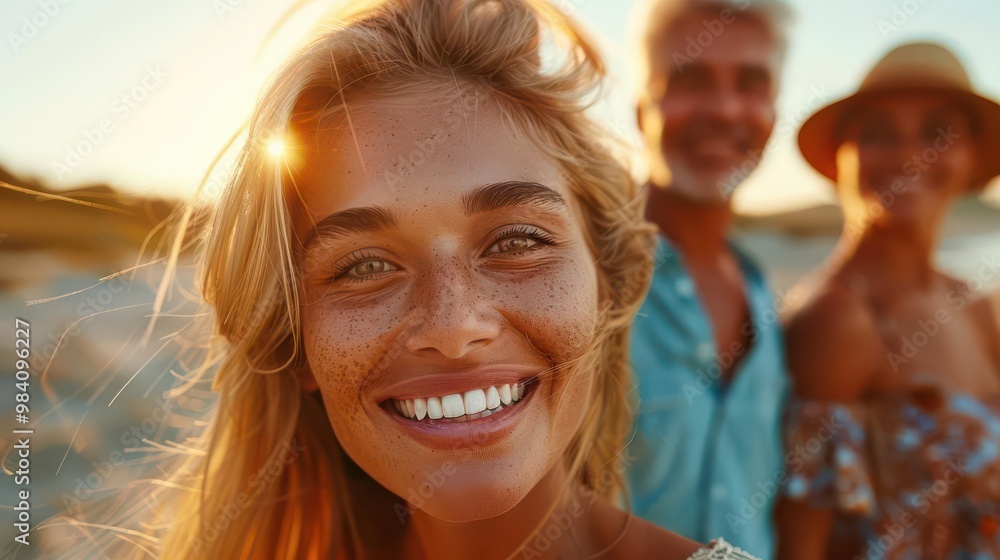 A young woman smiles brightly at the camera, with two friends behind her, enjoying a sunny day. A young woman smiles brightly at the camera, with two friends behind her, enjoying a sunny day.