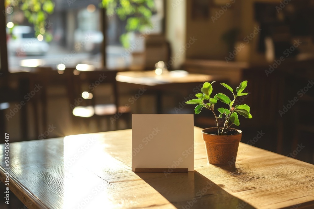 A minimalist restaurant table with a blank menu tent card and a small potted plant A minimalist restaurant table with a blank menu tent card and a small potted plant