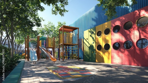 A childrena??s playground designed with colorful, durable fiber cement siding that is safe to touch and resistant to wear and tear from constant use photo