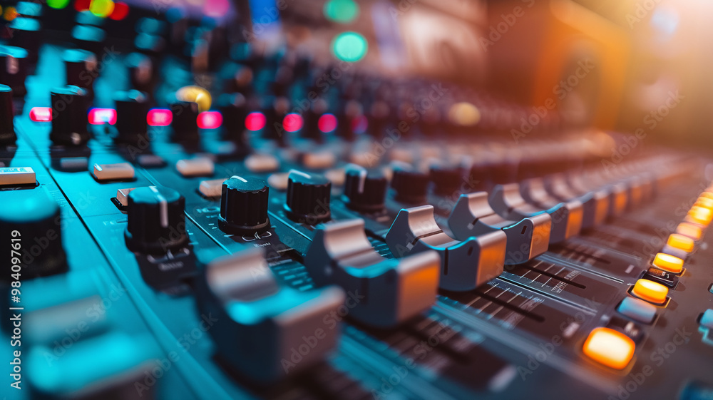 Professional sound studio scene A detailed view of an audio mixing console showcases numerous knobs and switches Professional sound studio scene A detailed view of an audio mixing console showcases numerous knobs and switches