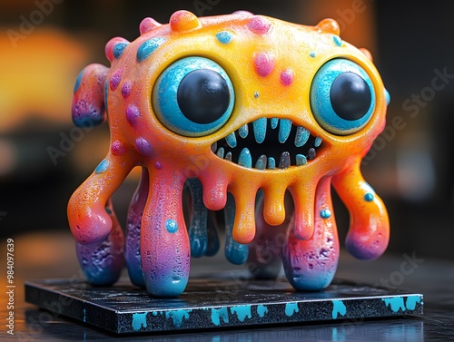 Colorful Monster Toy with Big Eyes and Dripping Design photo