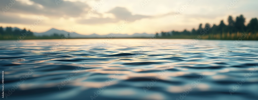 Serene lake surface with ripples at sunset, surrounded by distant mountains and a forest skyline. Serene lake surface with ripples at sunset, surrounded by distant mountains and a forest skyline.