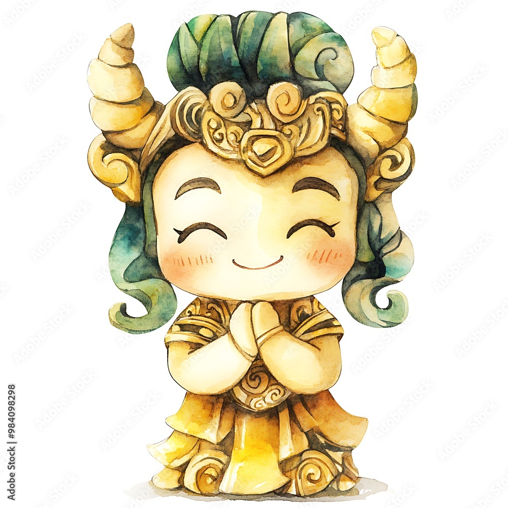 Watercolor Illustration of a Smiling Golden Statue with Horns. Watercolor Illustration of a Smiling Golden Statue with Horns.
