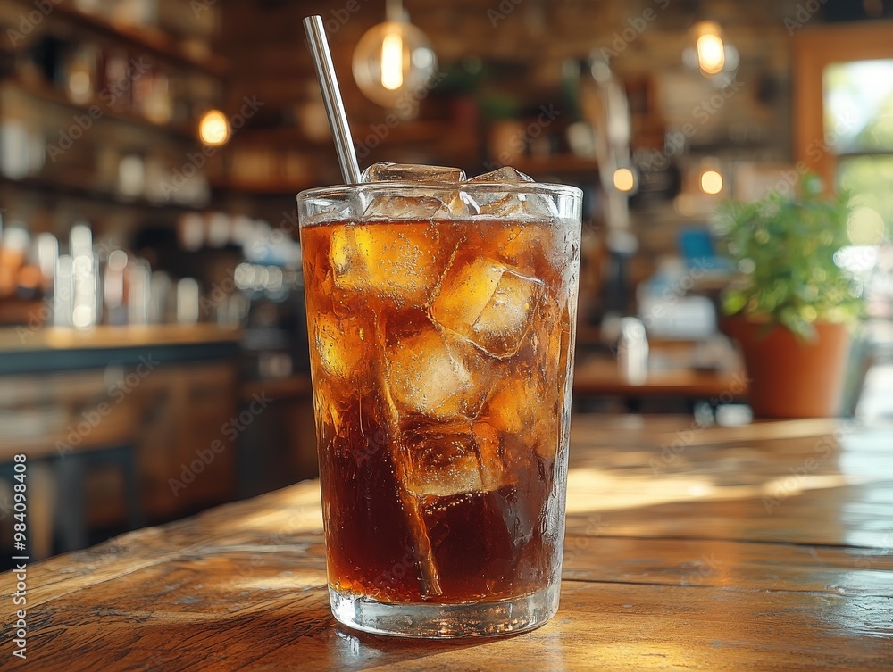 A refreshing iced beverage served in a glass with ice cubes, ideal for warm days in a cozy cafe setting. A refreshing iced beverage served in a glass with ice cubes, ideal for warm days in a cozy cafe setting.
