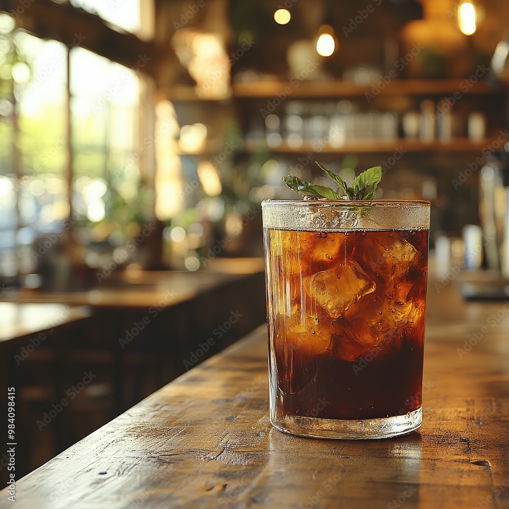 A refreshing glass of iced tea served with mint leaves, perfect for warm days in a cozy cafe atmosphere. A refreshing glass of iced tea served with mint leaves, perfect for warm days in a cozy cafe atmosphere.