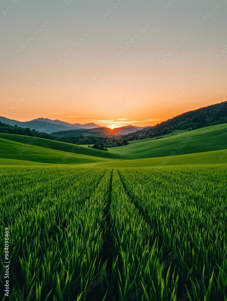 Serene green field stretches towards a breathtaking sunset over rolling hills and distant mountains, offering a peaceful nature landscape. Serene green field stretches towards a breathtaking sunset over rolling hills and distant mountains, offering a peaceful nature landscape.