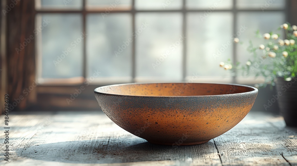 A rustic ceramic bowl positioned on a wooden table near a bright window, showcasing warmth and natural beauty in soft lighting. A rustic ceramic bowl positioned on a wooden table near a bright window, showcasing warmth and natural beauty in soft lighting.