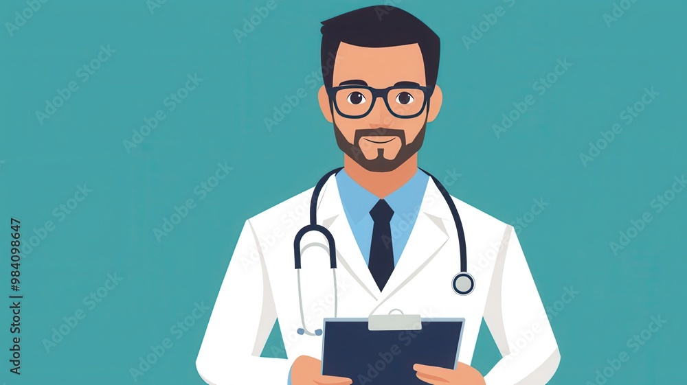 Fototapeta premium A confident male doctor in a white coat holding a clipboard, wearing glasses, set against a turquoise background.