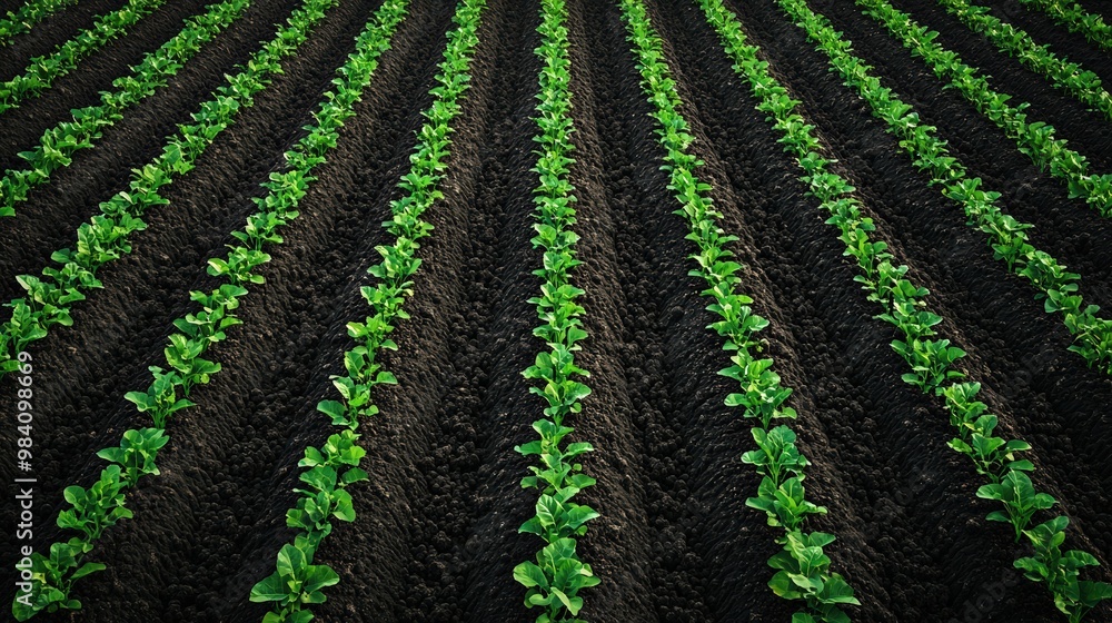 Rows of young green plants growing in dark soil on a farm, representing sustainable agriculture and organic farming. Ideal for agricultural themes. Rows of young green plants growing in dark soil on a farm, representing sustainable agriculture and organic farming. Ideal for agricultural themes.