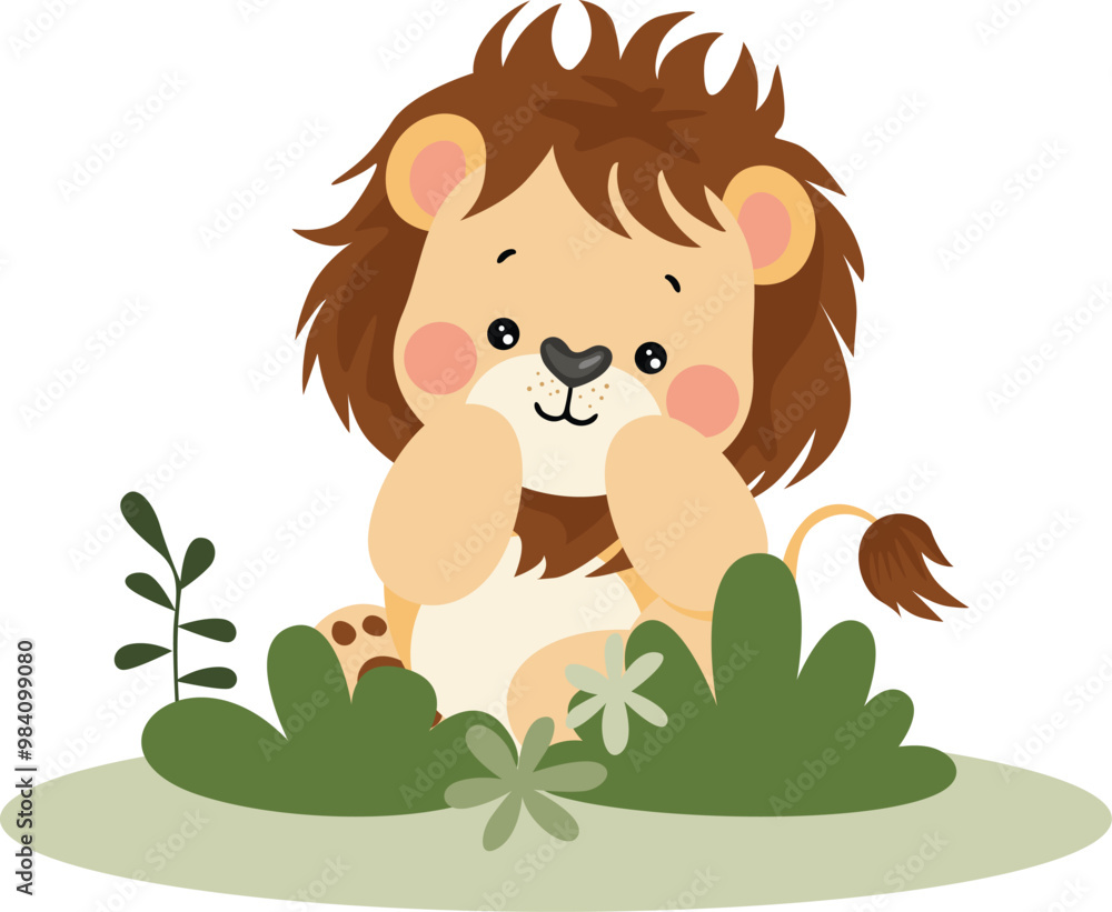 Cute lion in the jungle with leaves Cute lion in the jungle with leaves