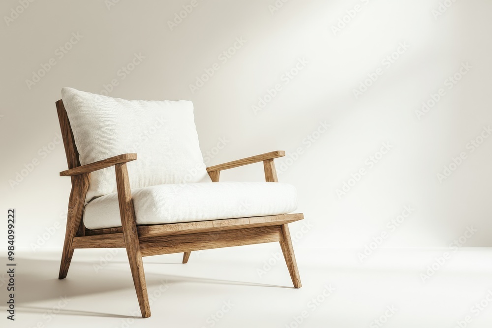 A minimalist wooden chair with soft white cushions, elegant and modern design A minimalist wooden chair with soft white cushions, elegant and modern design
