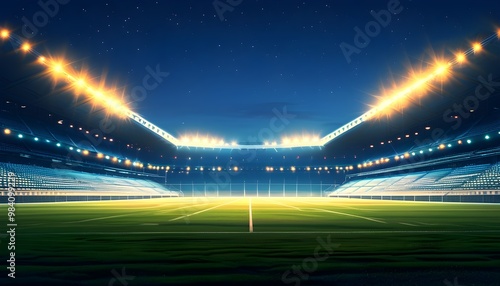 Serene night view of an illuminated sports arena showcasing an empty racing track and lush grassy field