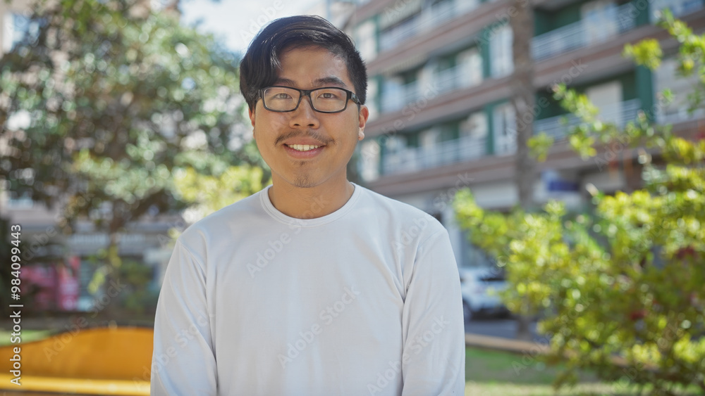 Smiling young asian man in casual attire standing outdoors in a city park with lush greenery Smiling young asian man in casual attire standing outdoors in a city park with lush greenery