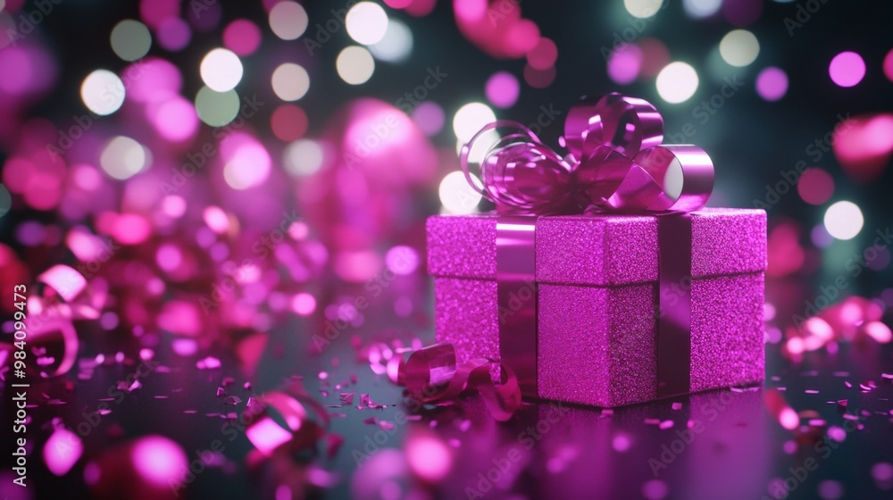 A vibrant pink gift box with a glittering ribbon, set in a sparkling field of pink and purple confetti, evoking a celebratory and joyful holiday mood A vibrant pink gift box with a glittering ribbon, set in a sparkling field of pink and purple confetti, evoking a celebratory and joyful holiday mood