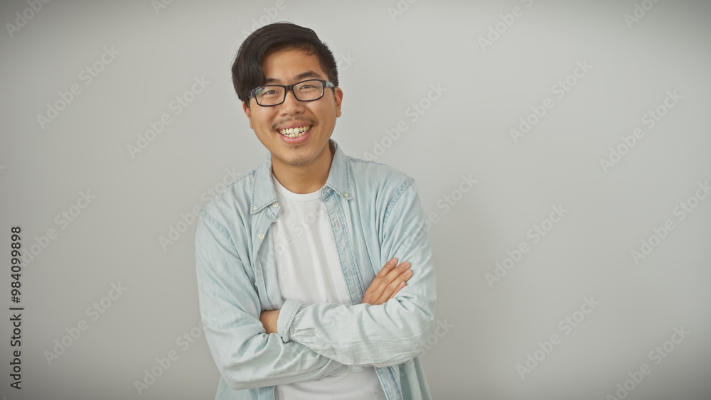 A young asian man with crossed arms smiling confidently against a white background, exuding a casual, approachable vibe.