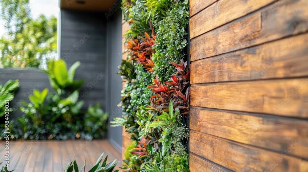 A close-up of a wooden accent wall with a vertical garden, featuring a variety of plants, enhancing a modern home exterior A close-up of a wooden accent wall with a vertical garden, featuring a variety of plants, enhancing a modern home exterior
