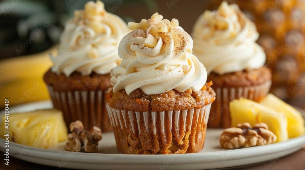 Moist carrot cake cupcakes with cream cheese frosting, walnuts, cinnamon, vanilla ice cream, and a side of fresh pineapple Moist carrot cake cupcakes with cream cheese frosting, walnuts, cinnamon, vanilla ice cream, and a side of fresh pineapple