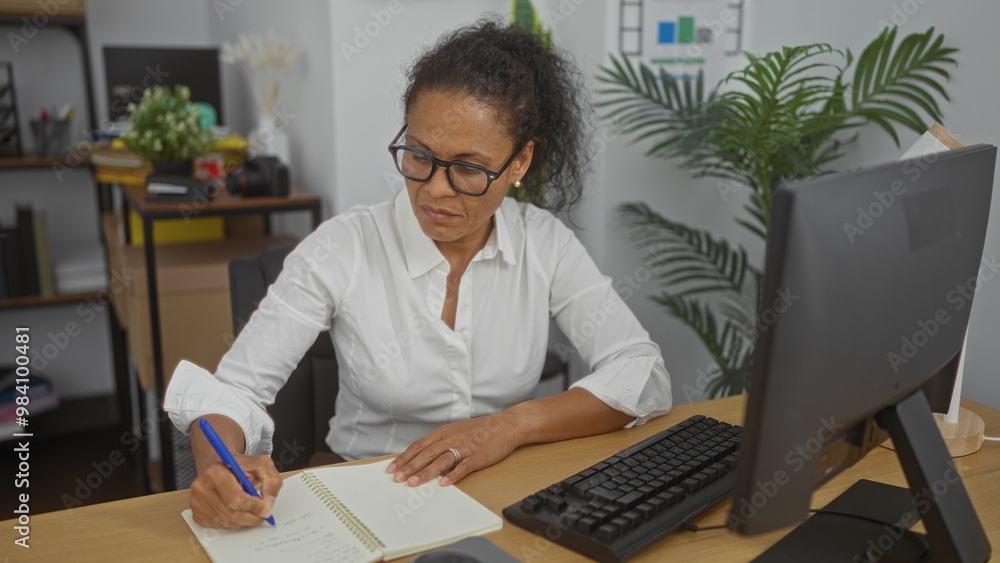 Woman working in office taking notes in notebook while seated at desk with computer and indoor plant Woman working in office taking notes in notebook while seated at desk with computer and indoor plant