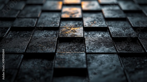 Close-up view of textured tiles with a subtle glow, creating a moody atmosphere. photo