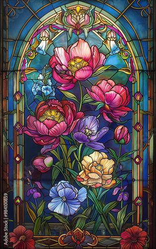 Vivid Victorian Stained Glass Florals: High-Contrast Gouache Chromolithography Illustration from 1845-1895, Clean Vector Art, Centered with 50% Margin photo