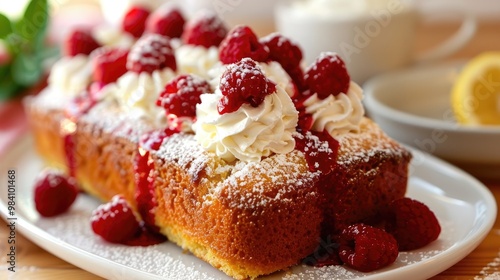 Moist lemon pound cake with raspberry coulis and whipped cream