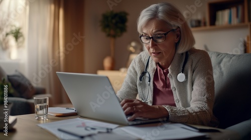 Senior doctor conducting online consultation at home