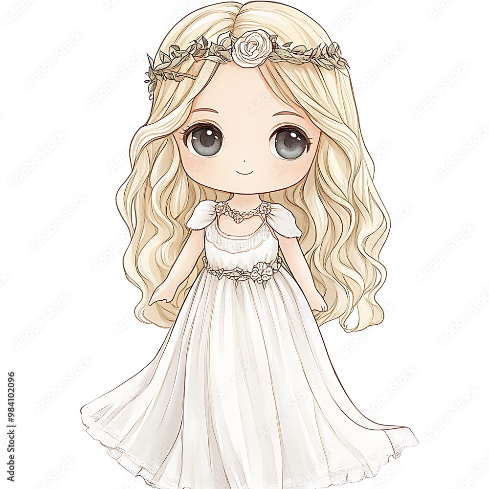 Fototapeta premium Cute Cartoon Girl with Long Blonde Hair in a White Dress and Flower Crown.