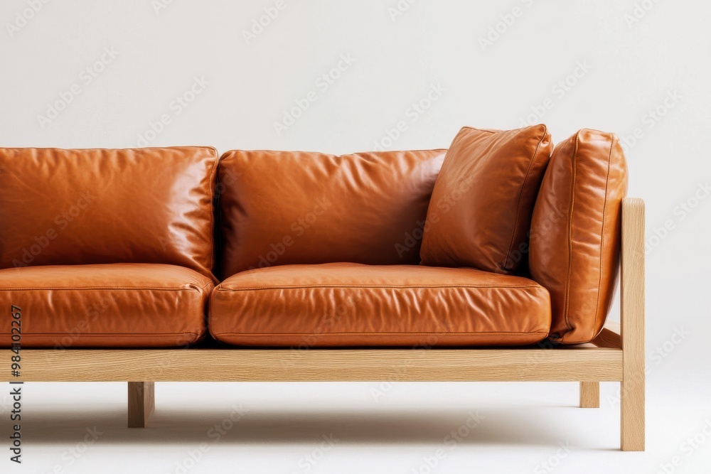 A modern, minimalist sofa with soft, plush cushions and a sleek wooden frame A modern, minimalist sofa with soft, plush cushions and a sleek wooden frame