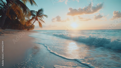 Calm beach with soft waves lapping at the shore and palm trees swaying photo