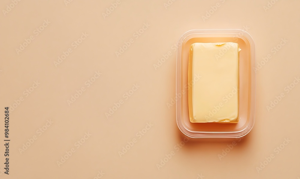 A plastic butter dish with a fresh block of butter, placed on a soft beige background with space for text at the top A plastic butter dish with a fresh block of butter, placed on a soft beige background with space for text at the top