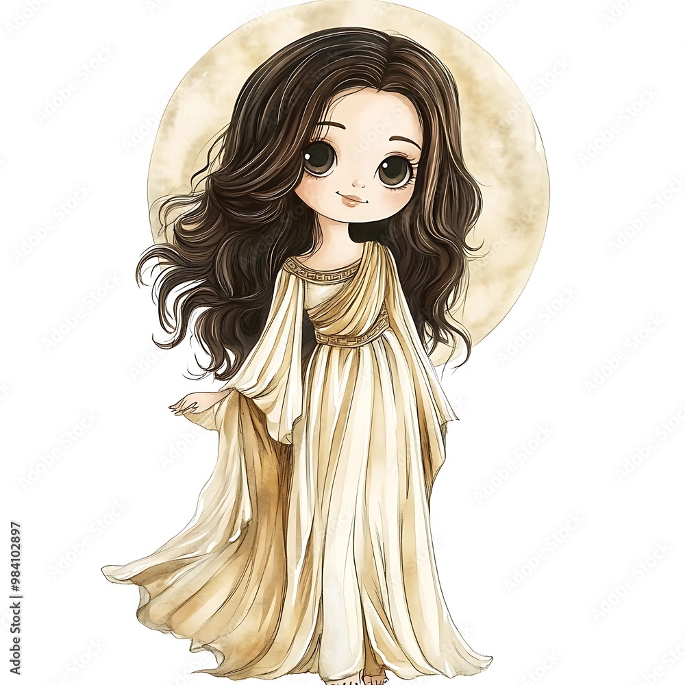 Cute Cartoon Girl with Long Hair and Flowing Dress Standing in Front of the Moon. Cute Cartoon Girl with Long Hair and Flowing Dress Standing in Front of the Moon.