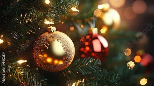 Fototapeta Shining xmas tree ornaments, colorful and glow. Festive event decoration.