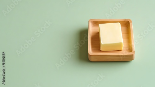 A wooden butter dish holding a smooth block of butter, isolated on a light green background, leaving room for text at the top