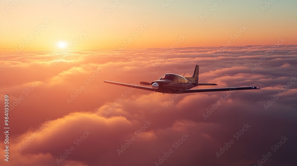 Small Plane Flying Above the Clouds at Sunset. Generate Ai Image Small Plane Flying Above the Clouds at Sunset. Generate Ai Image