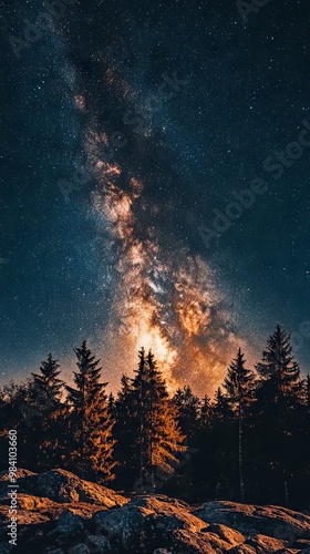 Clear, starry night sky over a remote forest