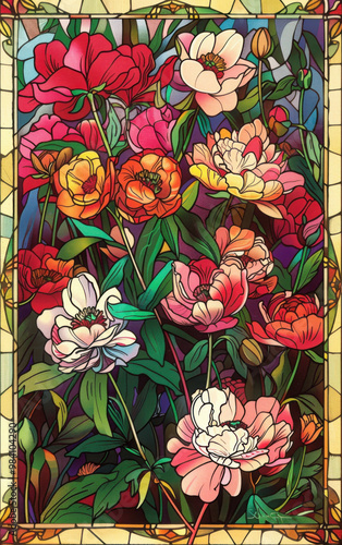 Vivid Victorian Stained Glass Florals: High-Contrast Gouache Chromolithography Illustration from 1845-1895, Clean Vector Art, Centered with 50% Margin photo