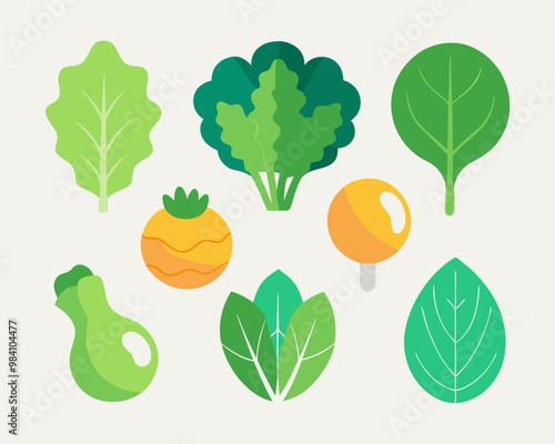 A vibrant collection of flat-style illustrations depicting various types of leafy greens, perfect for adding a touch of freshness and nature to your designs. Ideal for culinary themes.