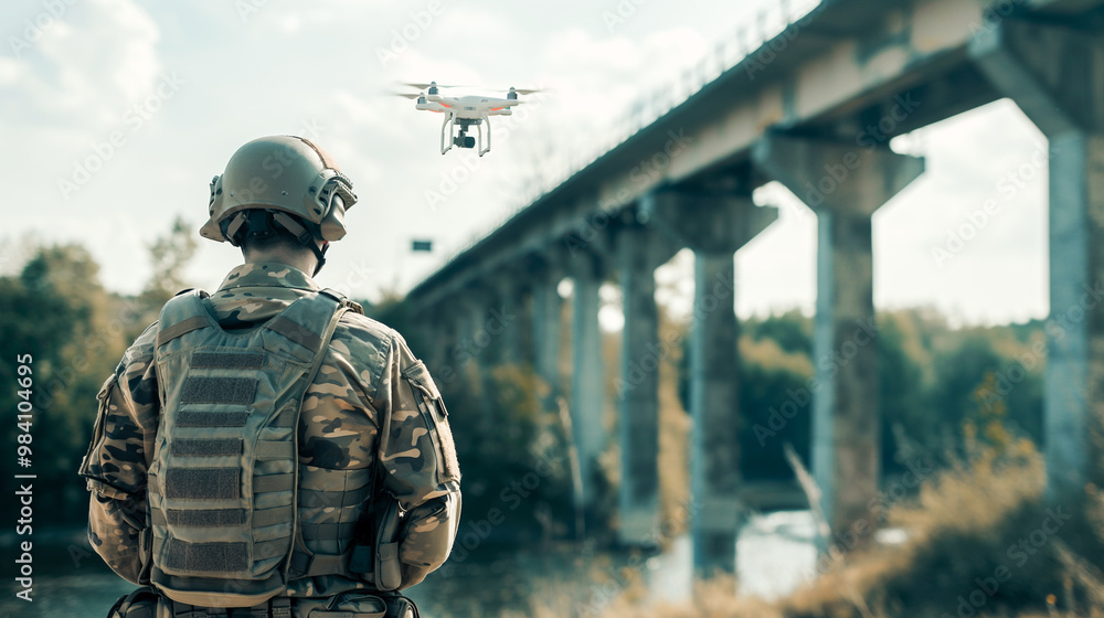 Military soldier flying a reconnaissance drone for a mission under the bridge. Military soldier flying a reconnaissance drone for a mission under the bridge.
