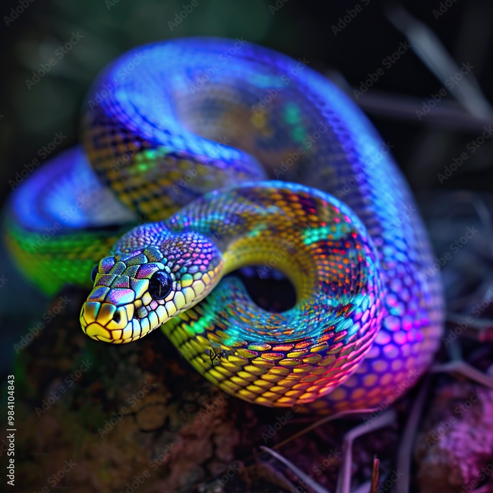 Obraz premium Close-up of the head of a colorful multicolored neon snake in the forest