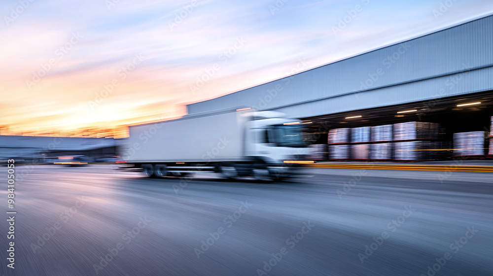 Motion blur of a cargo truck distributing goods from a logistics distribution warehouse. Ai generate. Motion blur of a cargo truck distributing goods from a logistics distribution warehouse. Ai generate.